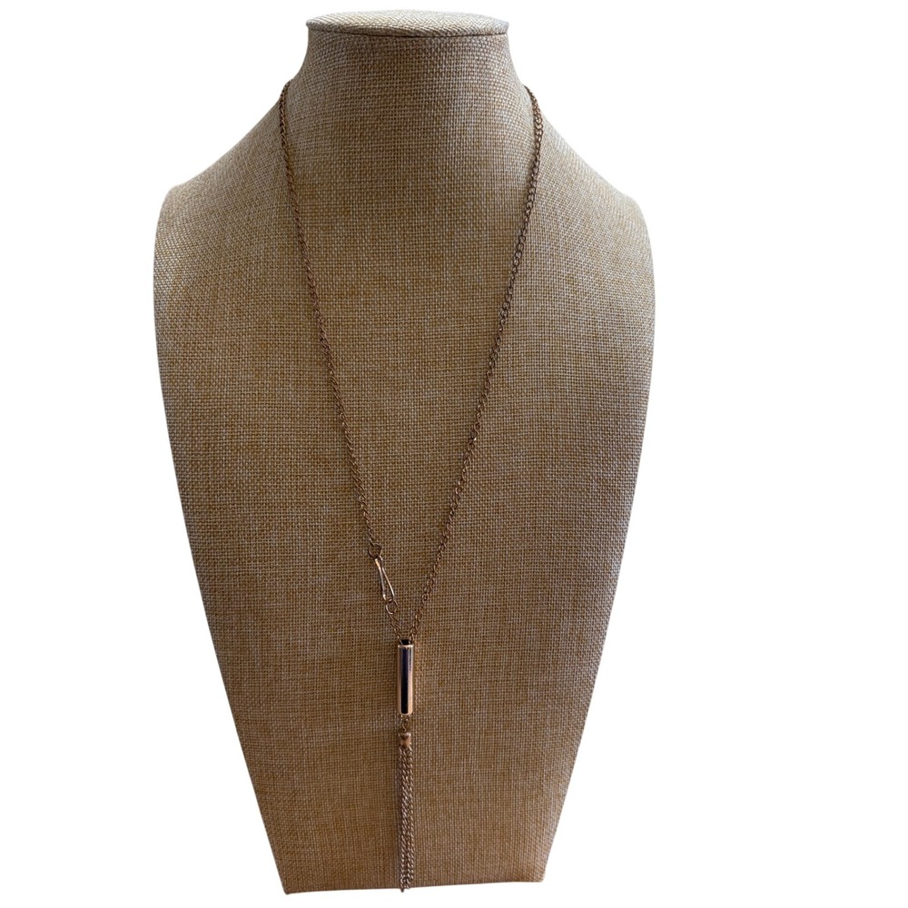 Rose Gold Tone Lariat Tassel Necklace Cylinder Slider Y-Shape Long Layering